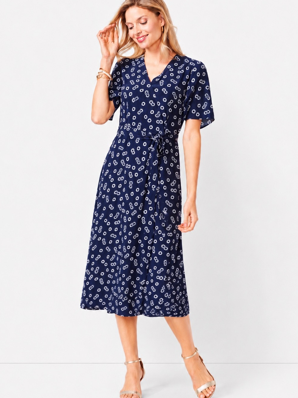 Talbots Daisy Wrap Midi Dress Navy Floral Belted V-Neck Size 2
